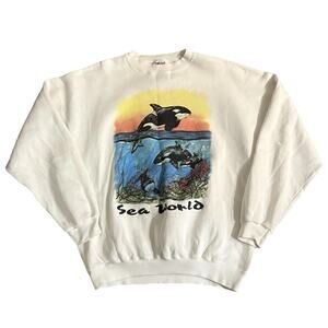 Vintage Sea World Sweatshirt Mens XL White Crewneck Tultex Sunset Ocean 90s Orca